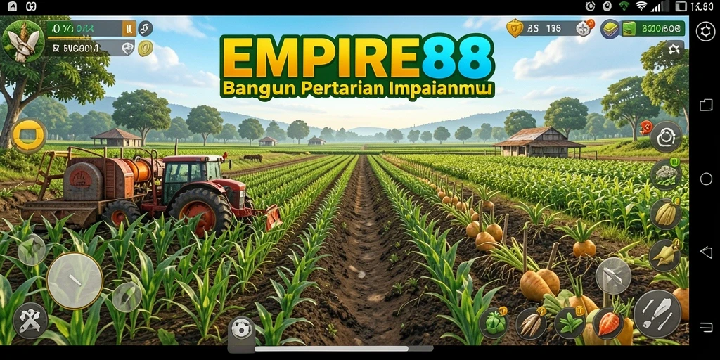 Screenshot gameplay EMPIRE88 menunjukkan pertanian yang subur dan aktivitas pengelolaan.