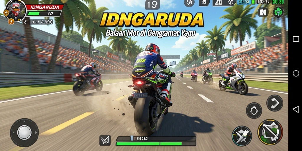 Tampilan gameplay seru dari IDNGARUDA dengan balapan motor yang mendebarkan.