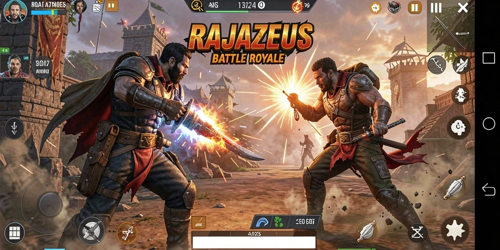 Screenshot RAJAZEUS menunjukkan aksi pertempuran yang seru dan mendebarkan.